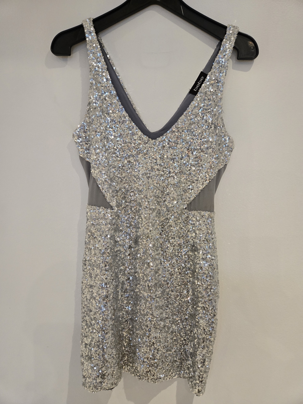 Silver Sequin V-Neck Party Dress by Bebe